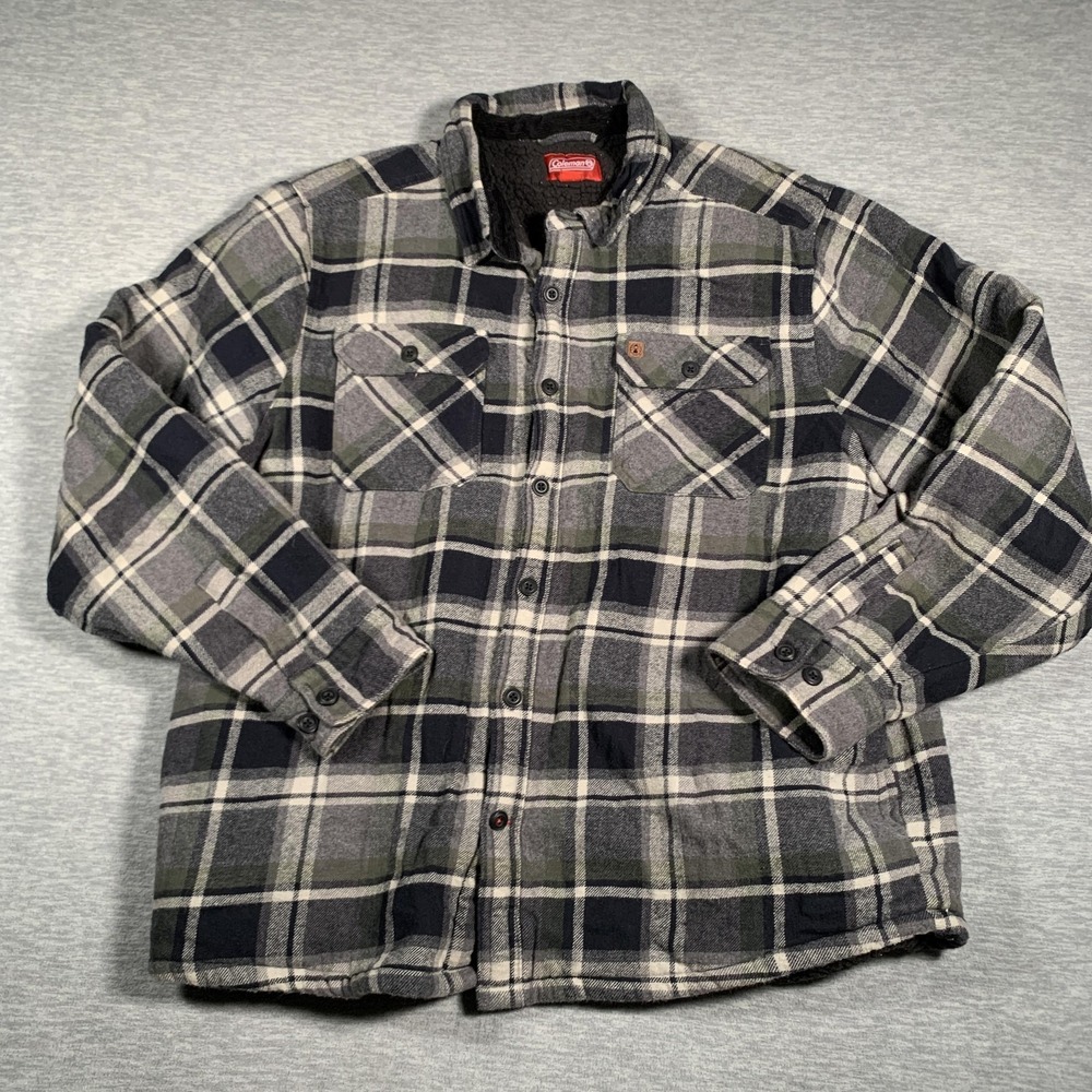 Coleman Shirt Jacket Mens XL Green Black Plaid Flannel Sherpa Lined Outdoor